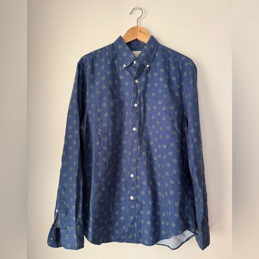 J. Crew Navy Geometric Button Down Shirt Wool Cotton M